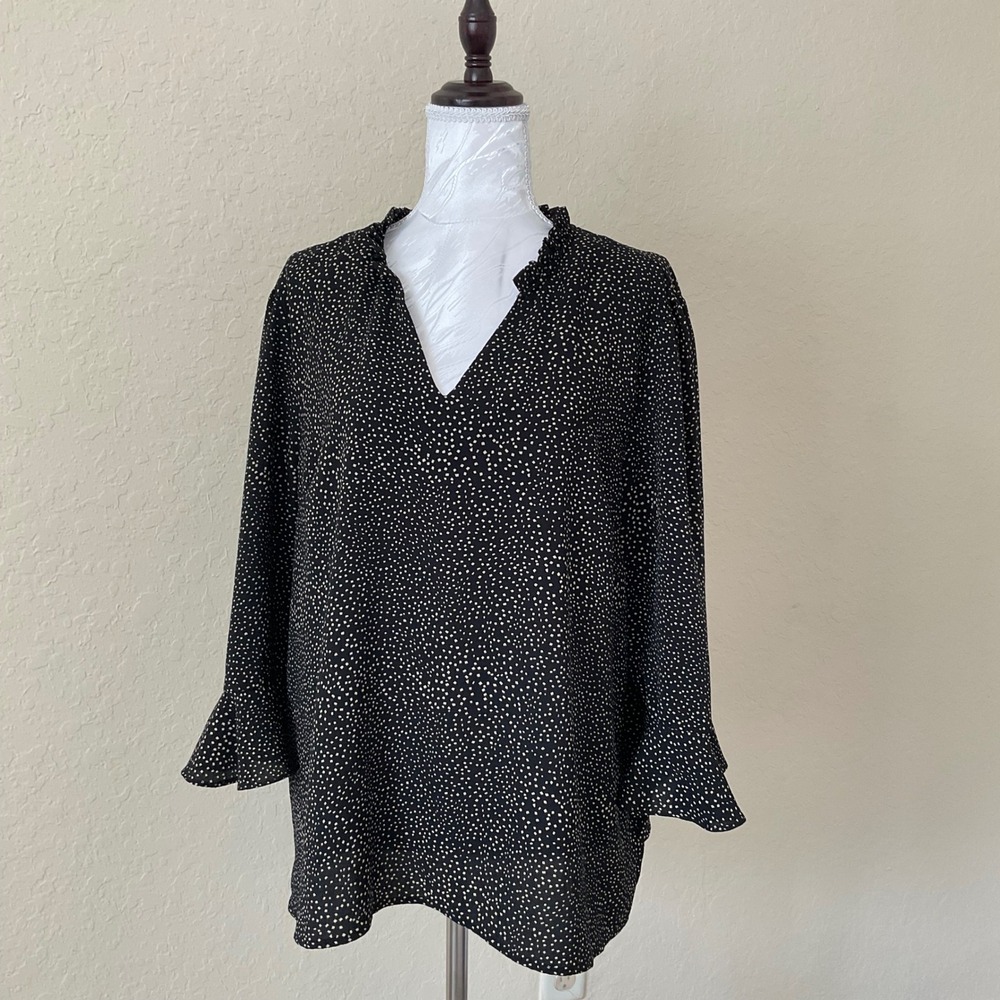 Tahari Polka Dot Blouse Womens Black White Ruffle V Neck Long Sleeve Top